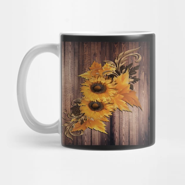 Sunflowers Rustic Floral on Wood Barn Look Background with Pattern Sunflower by tamdevo1